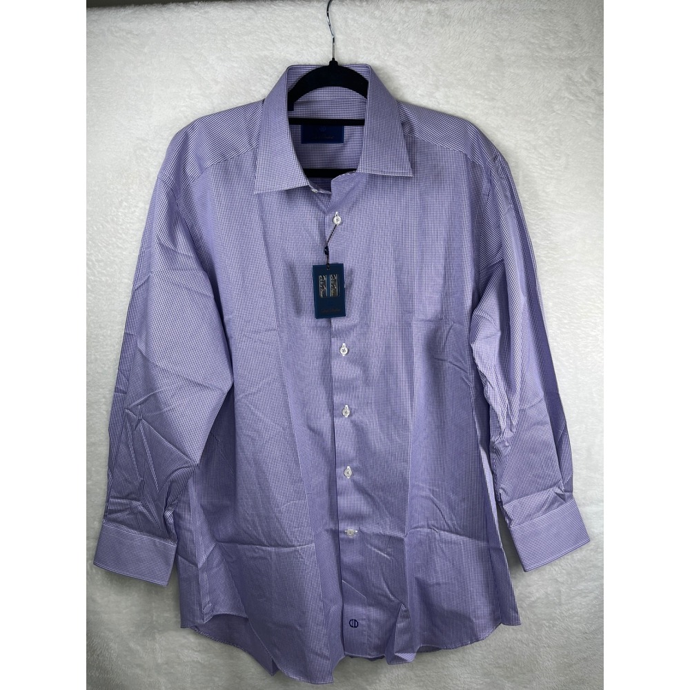 David Donahue Mens Lilac Gingham Dress Shirt 17‎ 32/33 100% Cotton New With Tags